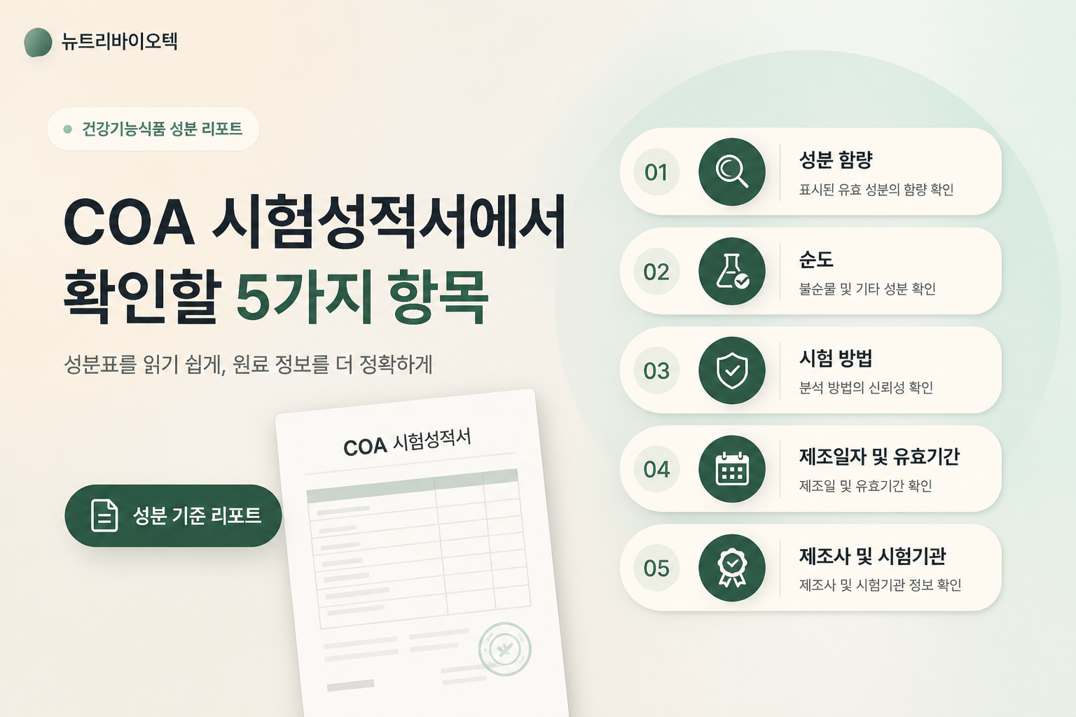 COA 시험성적서에서 확인할 5가지 항목을 정리한 건강기능식품 원료 품질 체크리스트 이미지